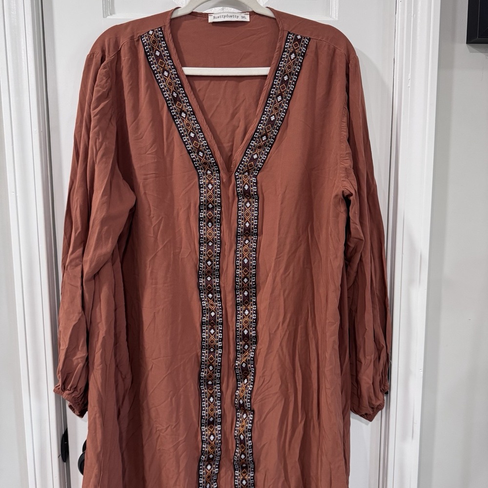 Rusttydustty Womens 3XL Rust Embroidered Boho Maxi Duster Kimono Belt Missing